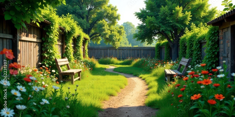 Obraz premium Serene Garden Path with Wooden Benches and Blooming Flowers, Surrounded by Lush Greenery and Wooden Fencing