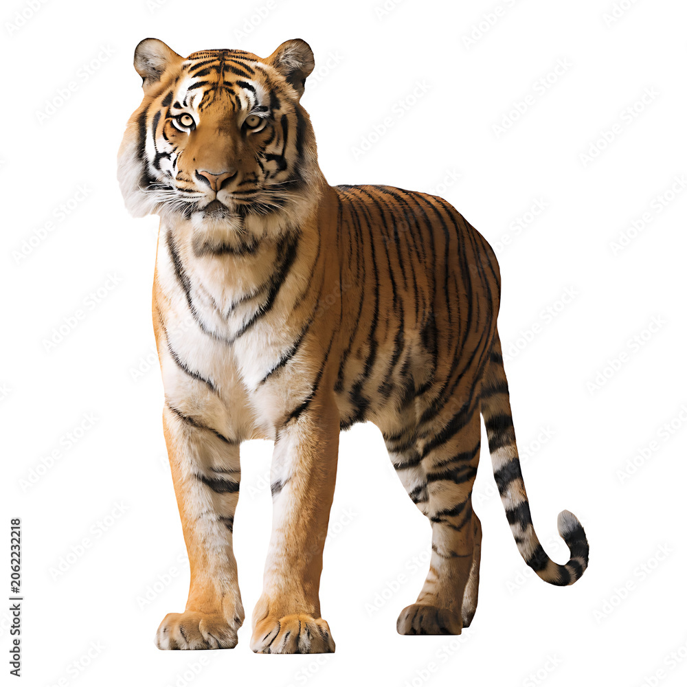 Obraz premium Tiger standing isolated on white background looking forward