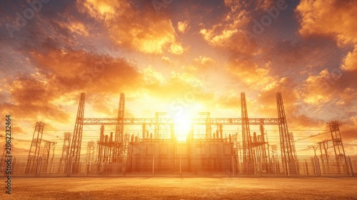 Majestic Sunrise Over Electrical Substation with Power Lines Under Golden Sky, Illuminating Clouds and Industrial Landscape in Vibrant Colors