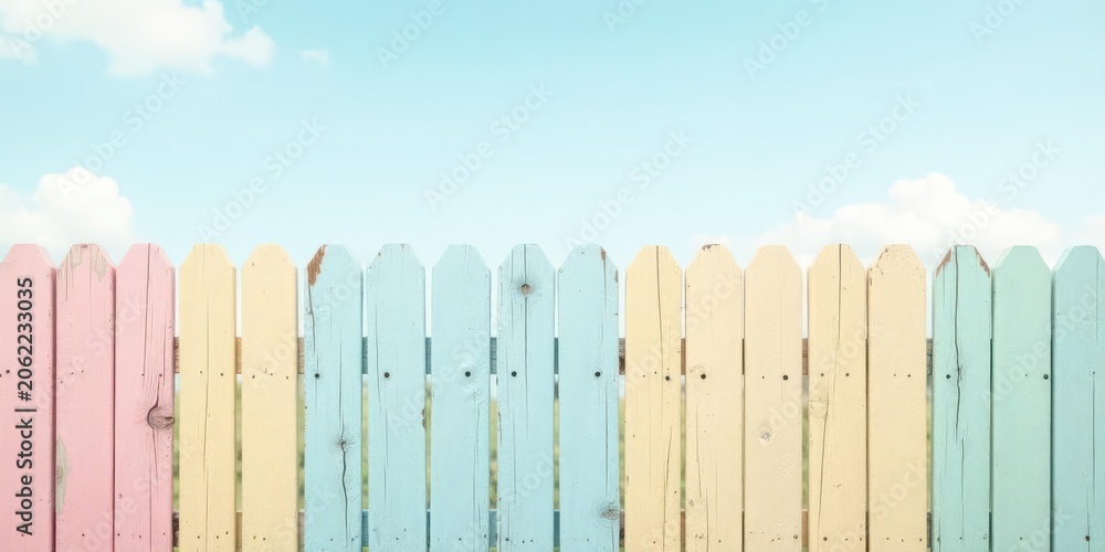 Fototapeta premium Pastel-Colored Wooden Fence Against a Serene Sky Background Featuring Soft Clouds and a Gentle Breeze