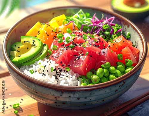 A vibrant bowl filled with sashimi-grade tuna, avocado, mango, and edamame, topped with sesame seeds and microgreens