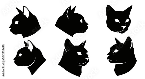 Collection of Black Cat Head Silhouettes Facing Different Directions.
