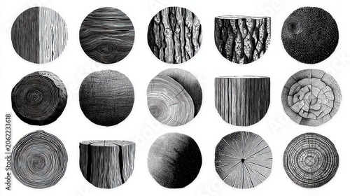 Diverse Textures and Patterns of Wood Cross-Sections in Black and White