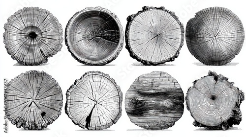 Detailed Wood Cross Sections Showcasing Unique Tree Ring Patterns