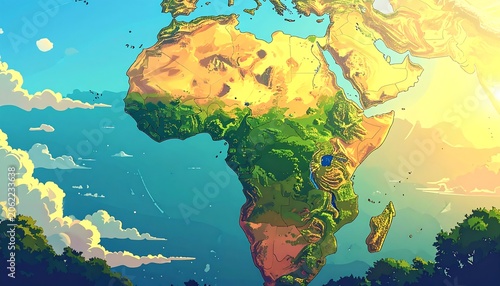 A vibrant digital illustration of a world map centered on Africa with lush greenery and a radiant sunny sky
