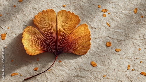 Golden Ginkgo Leaf on Textured Paper Surface with Sunlight Shadows