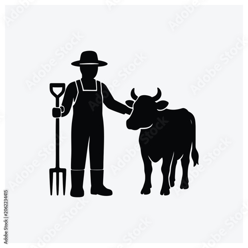 Farmer with pitchfork and cow