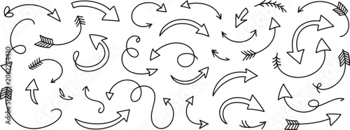 Extensive collection of hand drawn arrows in various styles including curved straight spiral and feathered
