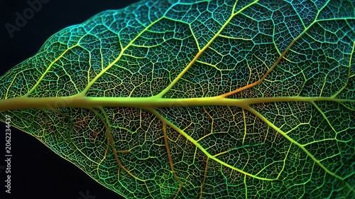Intricate Leaf Vein Structure with Colorful Light Effects