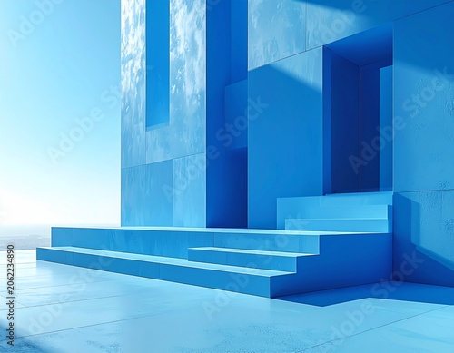 Minimalist blue abstract architecture with clean lines and a clear sky