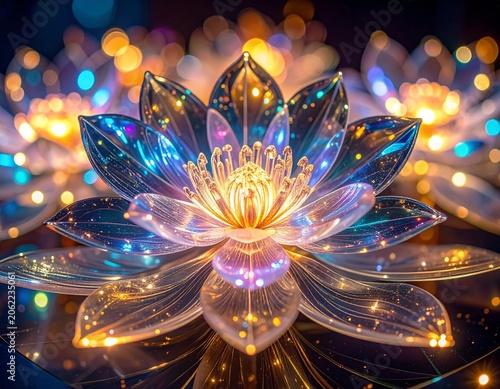 An abstract, glowing lotus flower with intricate, luminous petals and shimmering lights. The centerpiece emanates a warm, radiant glow, while surrounding bokeh lights create a magical.