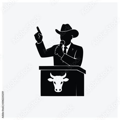 Rodeo-themed speaker at a podium with a bull
