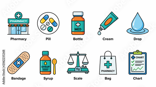 Bild auf Leinwand Flat Design Medical and Pharmaceutical Icons Collection.