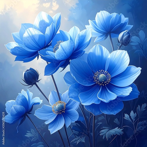 A serene floral arrangement of vibrant blue flowers against a gradient sky