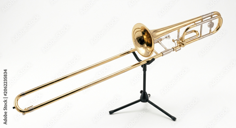 Obraz premium A professional product photograph of a professional-grade trombone fully extended on a stand, positioned diagonally against a clean, seamless white background with soft, even studio lighting.