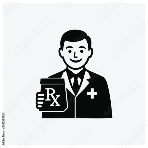 Simple icon of a doctor holding a prescription pad.
