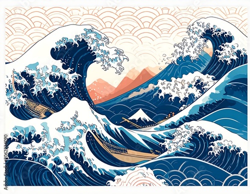 A stylized depiction of a massive wave about to crash with a mountain range in the background