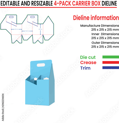 4 Pack Carrier Box Dieline Template and 3D Model with Dimensions packaging