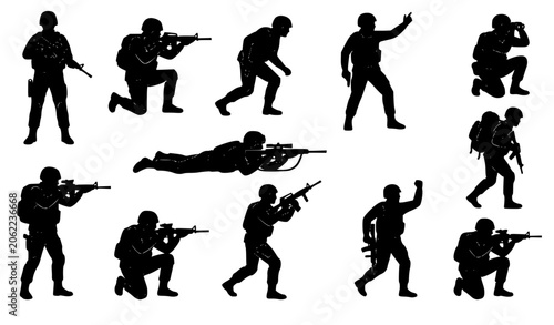 Photos Military Soldier Silhouette Vector Set with Tactical Action and Defense Poses
