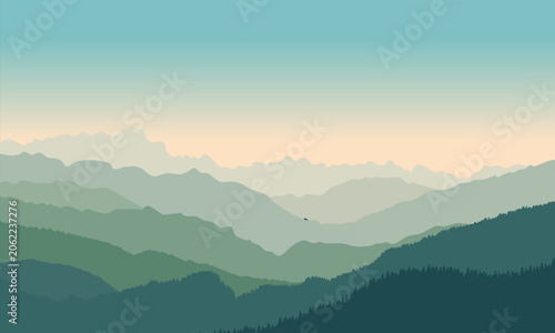 Minimalist layered mountain landscape vector illustration with soft gradient colors and misty hills