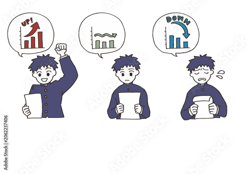 Foto Set of male student looking at exam results, three facial expressions for cram s