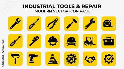 Industrial tools and repair modern vector icons.