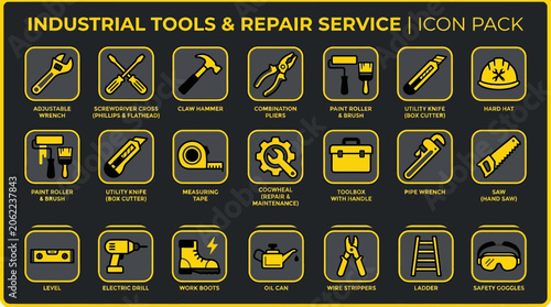 Industrial tools and repair service icons.