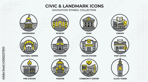 Collection of civic and landmark icons.