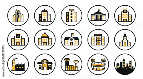 Collection of various building icons.