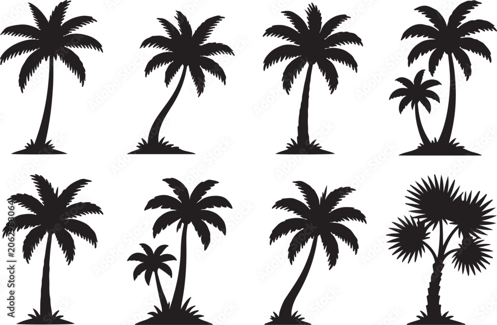 Naklejka premium Set of black palm tree silhouettes for tropical beach and summer vacation designs
