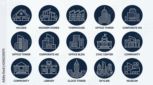 Collection of urban building icons and landmarks.