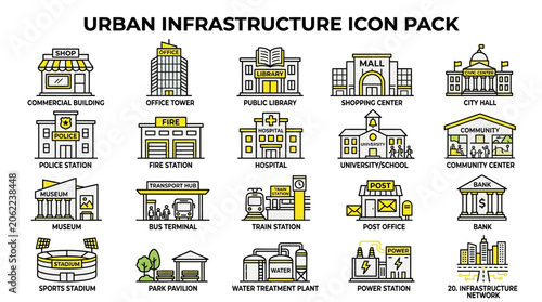 Urban infrastructure icon pack with buildings.