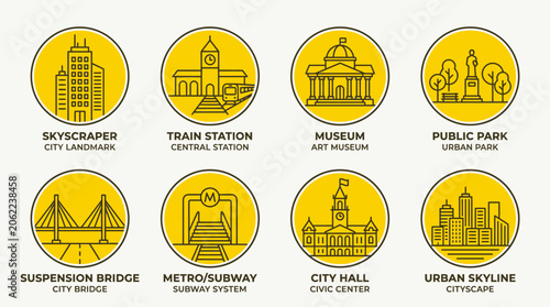 City landmarks and urban infrastructure icons.