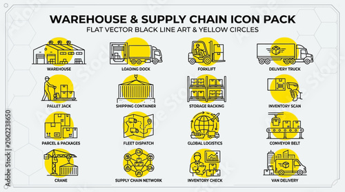 Warehouse and supply chain icons.