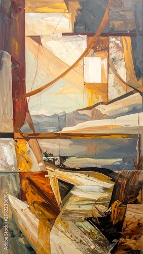 A vibrant abstract painting with warm golden hues and geometric shapes