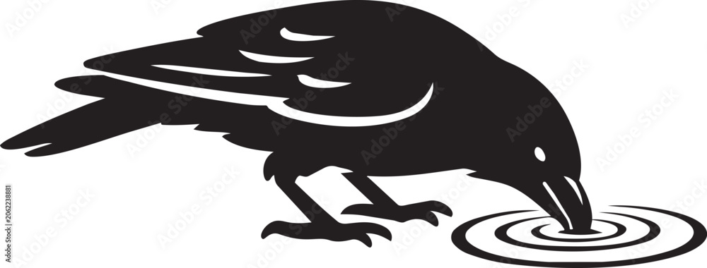 Obraz premium crow drinking water silhouette bird wildlife vector illustration