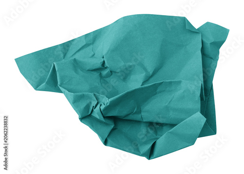 Teal blue crumpled paper trash isolated on transparent background