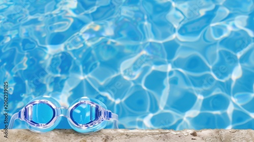 Blue Swimming Goggles on Edge of Pool with Sparkling Water Reflecting Sunlight in Tropical Resort Setting