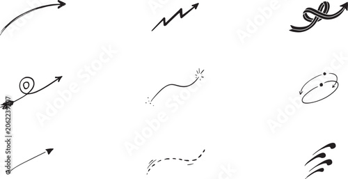Hand drawn sketchy arrow collection with diverse shapes and styles for and directional indicators doodle