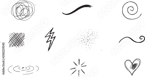 Hand-drawn black and white abstract doodle including scribbles lightning bolts splashes and a heart for creative and artistic expression