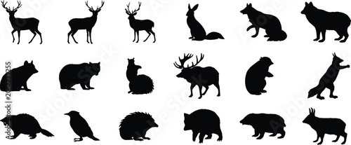 Canvas Print Wild Forest Animal Silhouette Collection Featuring Deer Fox Wolf Bear Boar and W