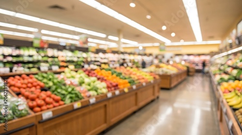 Blurred produce section in grocery store with fresh vegetables and fruits on wooden display shelves in brightly lit modern supermarket for healthy food and lifestyle marketing content
