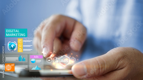 man Working on Digital Marketing strategy of commerce online sale.