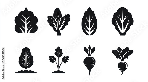 Collection of eight black and white icons representing various leafy vegetables and root crops