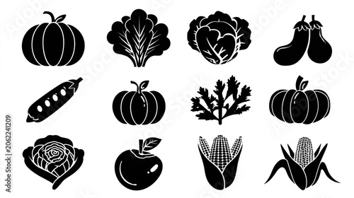 Collection of twelve distinct black and white silhouettes depicting various garden produce items.
