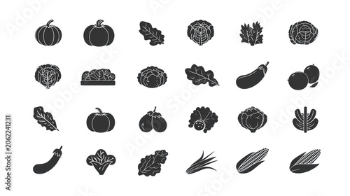 Collection of various raw produce icons presented in a simple black silhouette style.