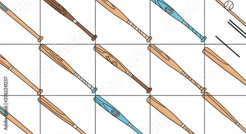 Seamless pattern of wooden baseball bats in various colors arranged diagonally over a thin black grid background.