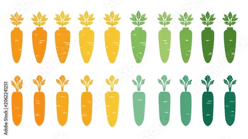 Collection of stylized root vegetable illustrations showing a color gradient across two rows