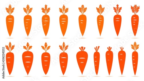 Collection of stylized orange root vegetables with green foliage displayed in two rows
