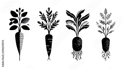 Collection of four distinct stylized root vegetables depicted in black and white graphic art
